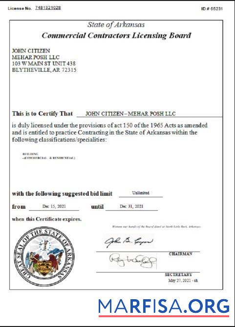 Printable USA Arkansas Commercial Contractors License sample